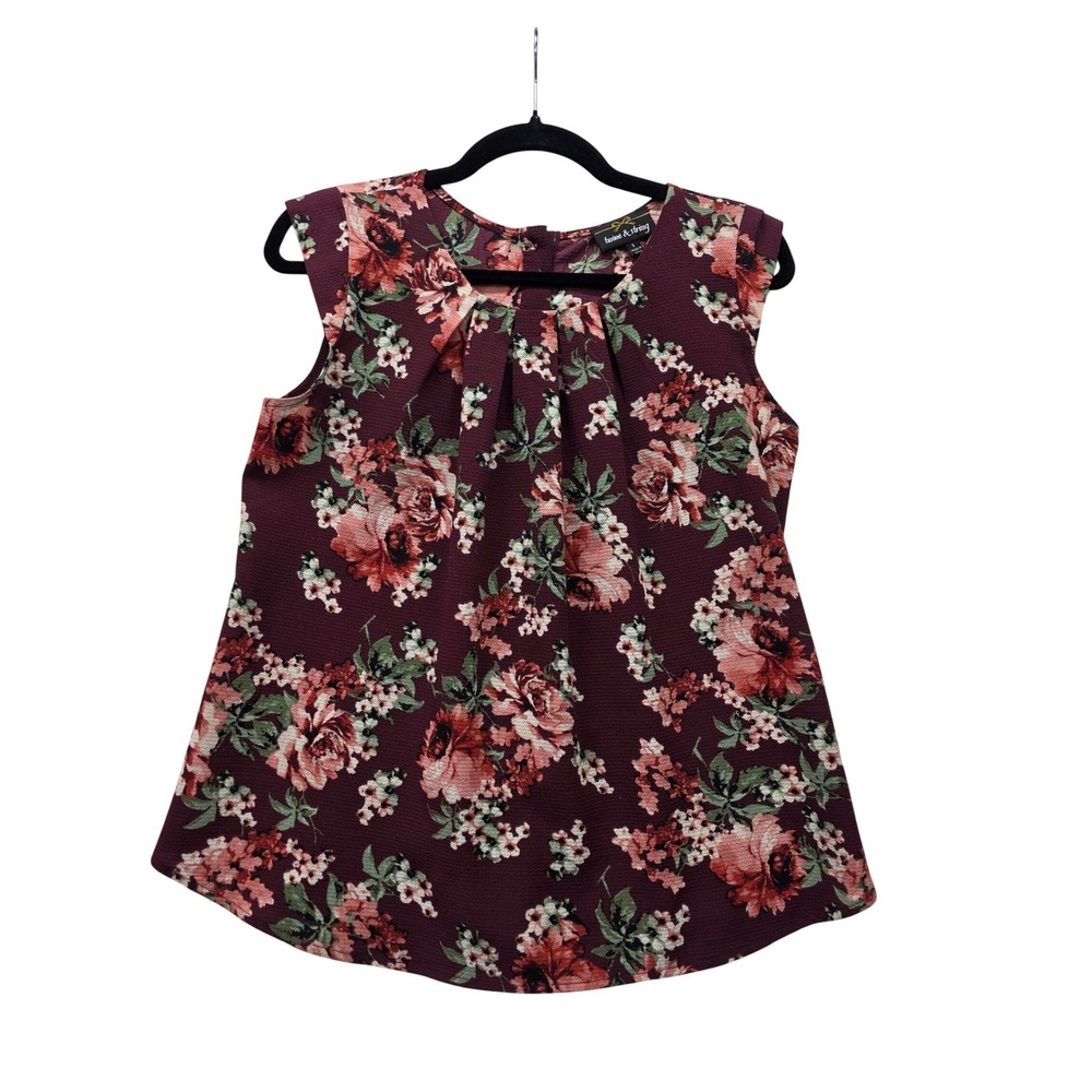 Twine & String Burgundy Floral Sleeveless Button Back Pleated Blouse Small